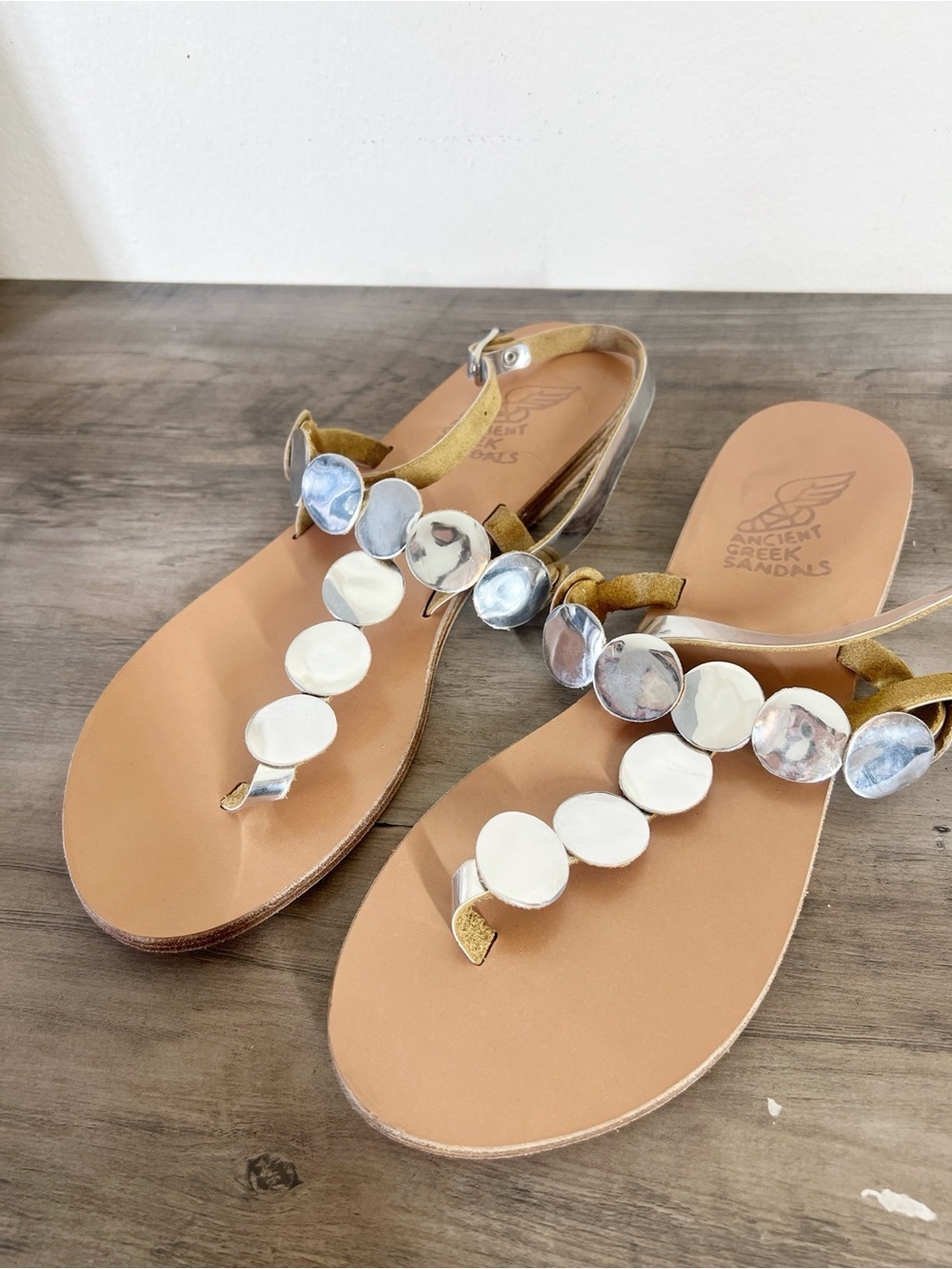 Ancient Greek Sandals Women's Silver Leather T-Strap Medallion Ilios Sandals
